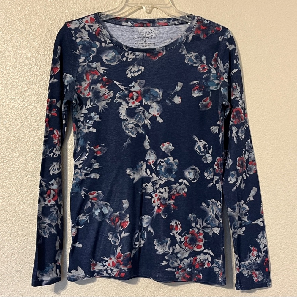 Sonoma Women’s M Navy w/ Floral Print Long Sleeve Everyday Tee